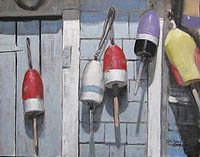 [Painting of Maine Bouys on Wood Building]